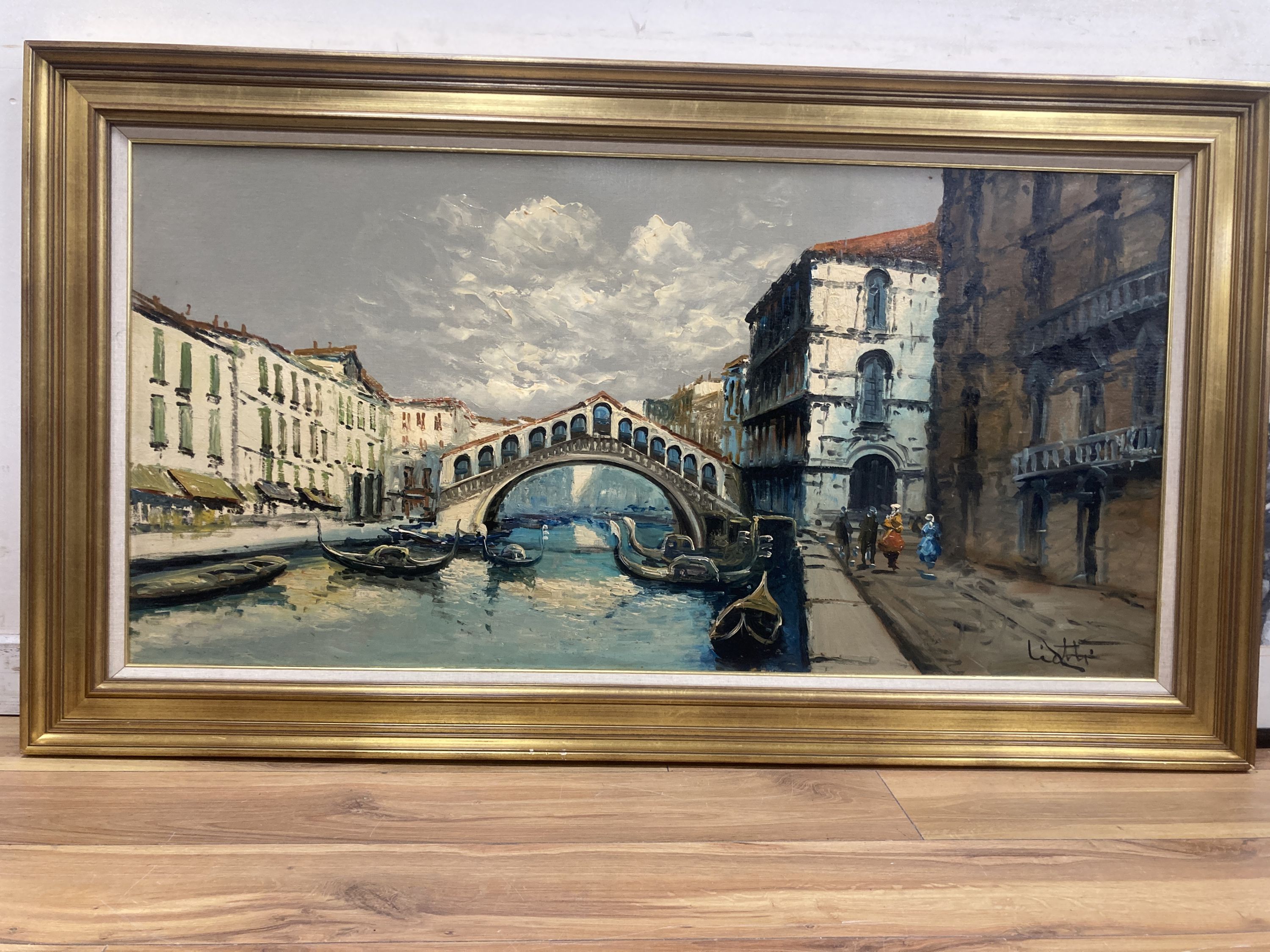 Pietro Virgilio Lietti (Italian, 20th century), oil on board, Rialto Bridge, Venice,